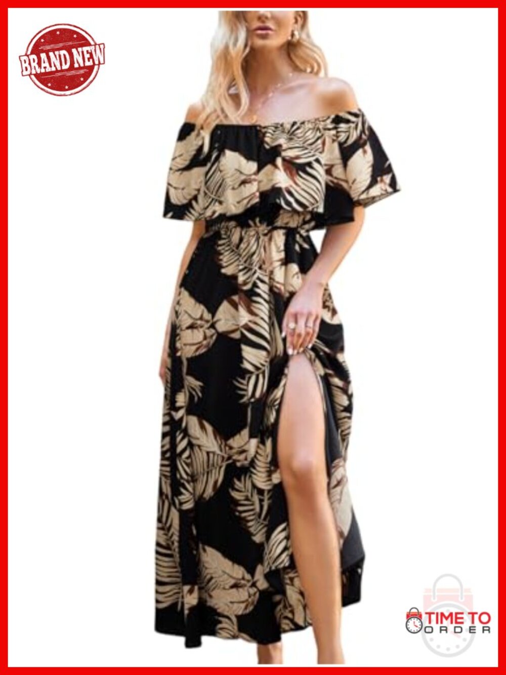 Womens Ruffle Floral Maxi Summer Dress Off Shoulder Beach Dress Polyester